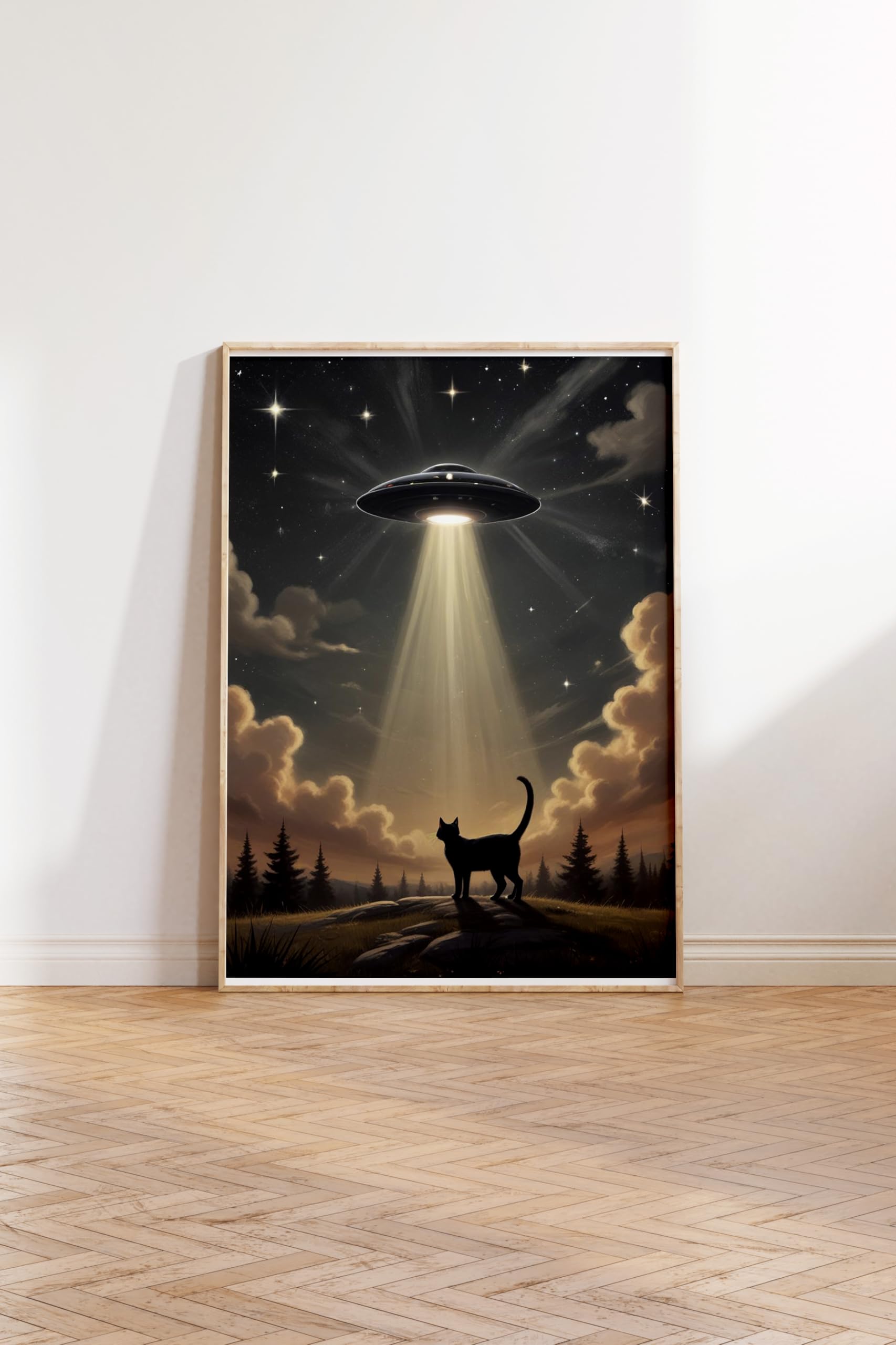 Zestia Ahşap Çerçeveli Tablo, Kedi ve UFO, Işık Hüzmesiyle Kaçırılma Teması Poster No: 107534 50 x 70
