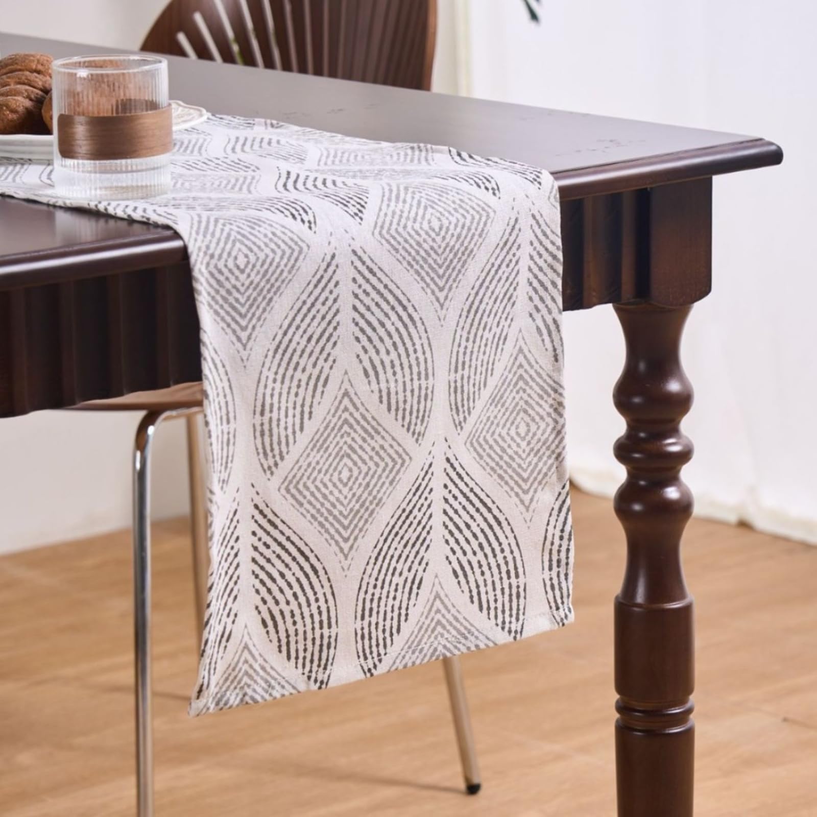 Tischläufer Landhausstil Polybaumwolle, Tischläufer Wohnzimmer 33x275 cm, mit Grauem Blättermuster