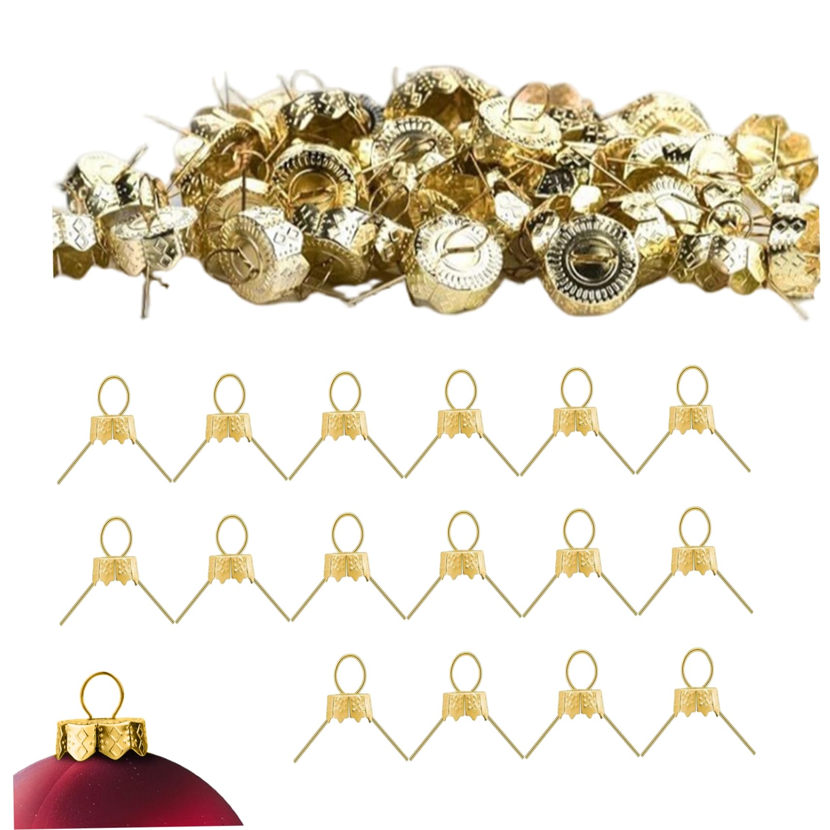 100Pcs Ornament Caps Secure Metal Christmas Ornament Hooks Replacement Hangers for Christmas Tree, Porcelain, Ceramic or Glass Decoration, 20mm, Golden