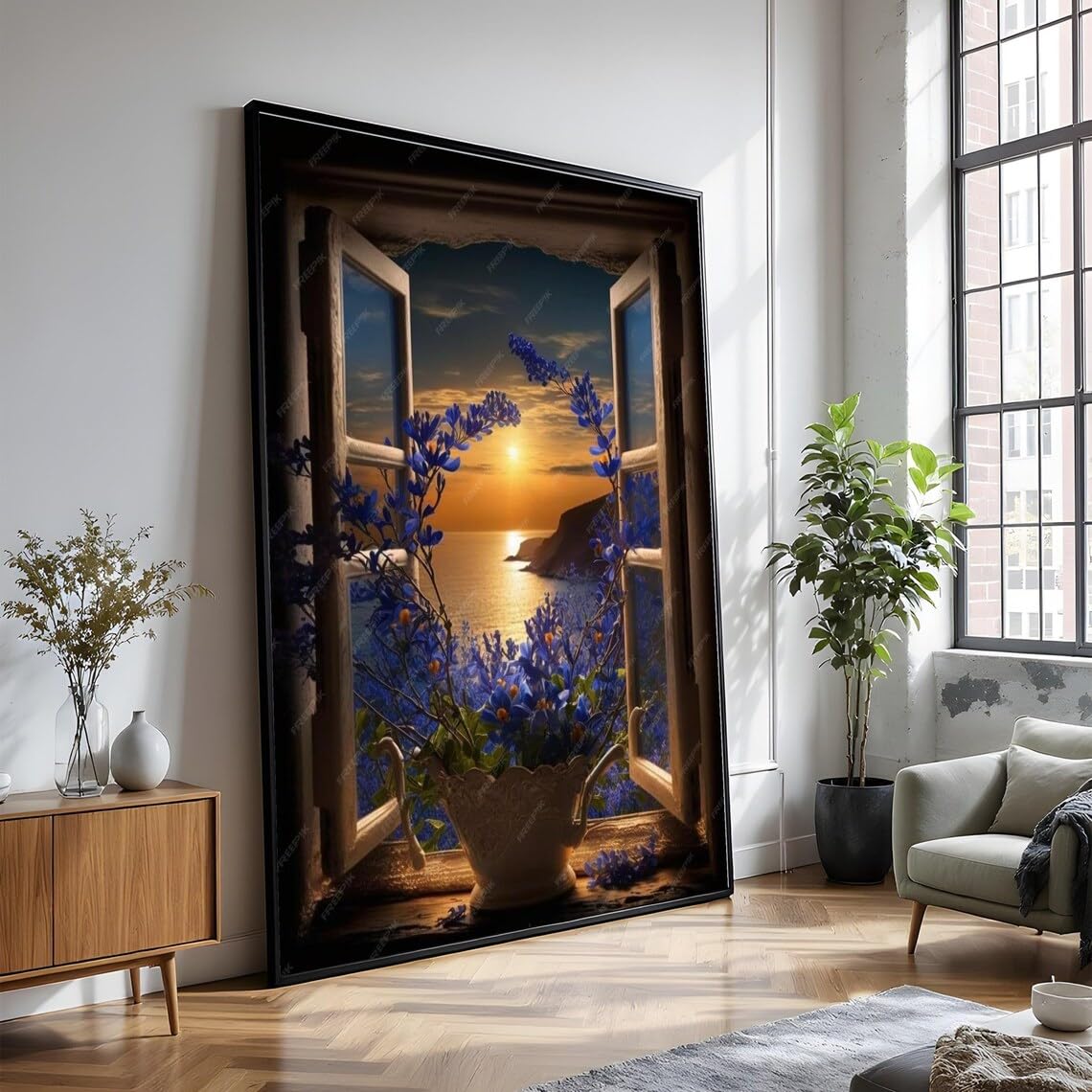 XINBAO Widok na ocean o zachodzie słońca niebieskie kwiaty, płótno ścienne z otwartym oknem, obraz krajobrazu nadmorskiego, wazon vintage, dekoracja kwiatowa (60 x 80 cm/wewnętrzna rama)