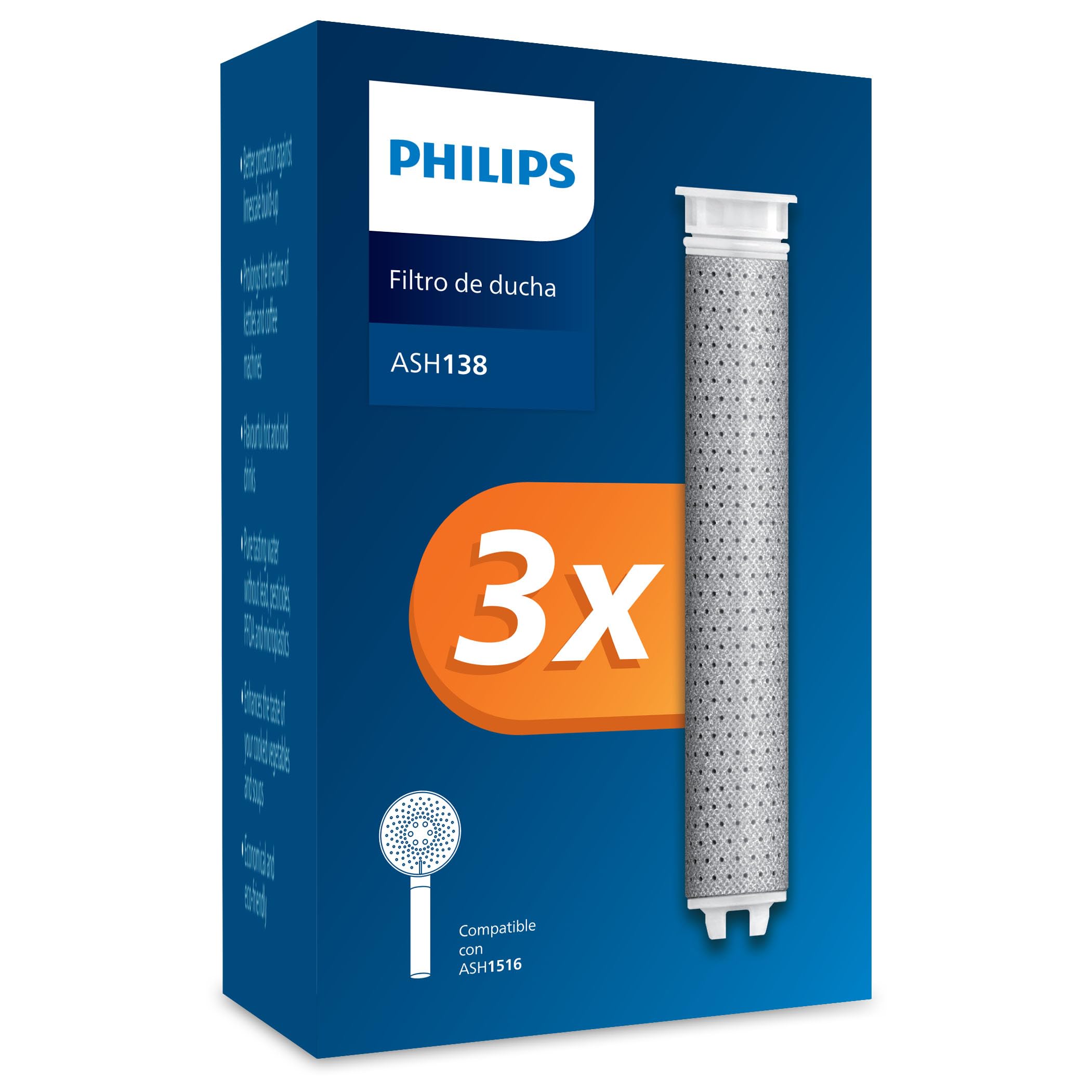 Philips Water Alcachofa de ducha con filtro – Filtro de repuesto 3 PACK, elimina eficazmente el cloro y otras partículas grandes, capacidad de filtrado de 1 mes