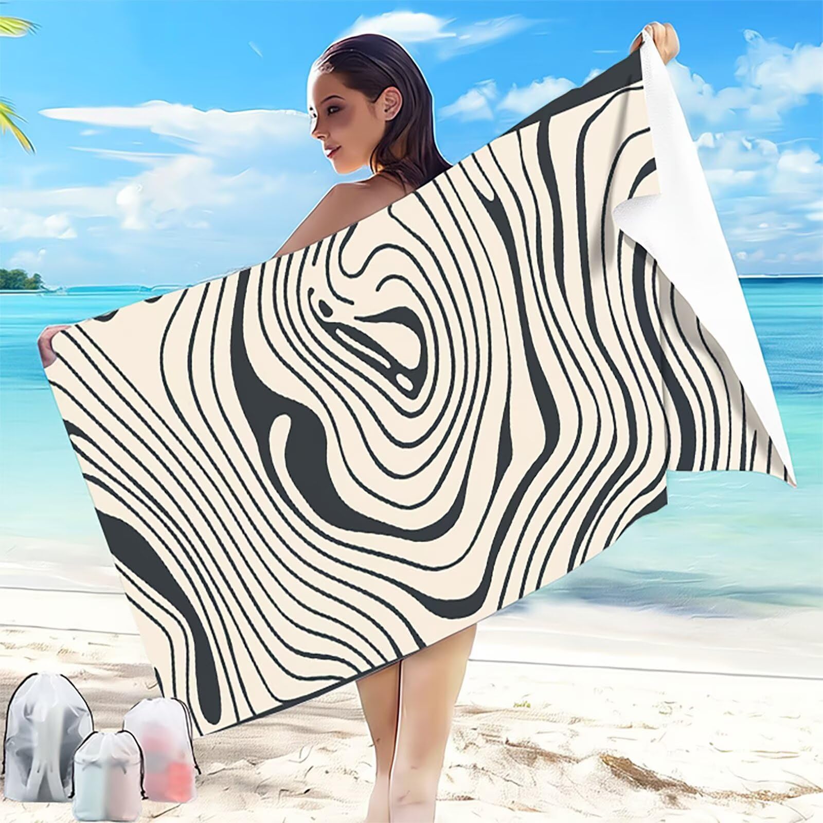 Microfiber Beach Towel 36x72 in Black Oversized Quick Dry Sand Free Soft Compact Lightweight Qualities, Summer Beach Towels for Adults Ldeal for Swicming Yoga Camping Gym Shawl Shawl Line 5-C