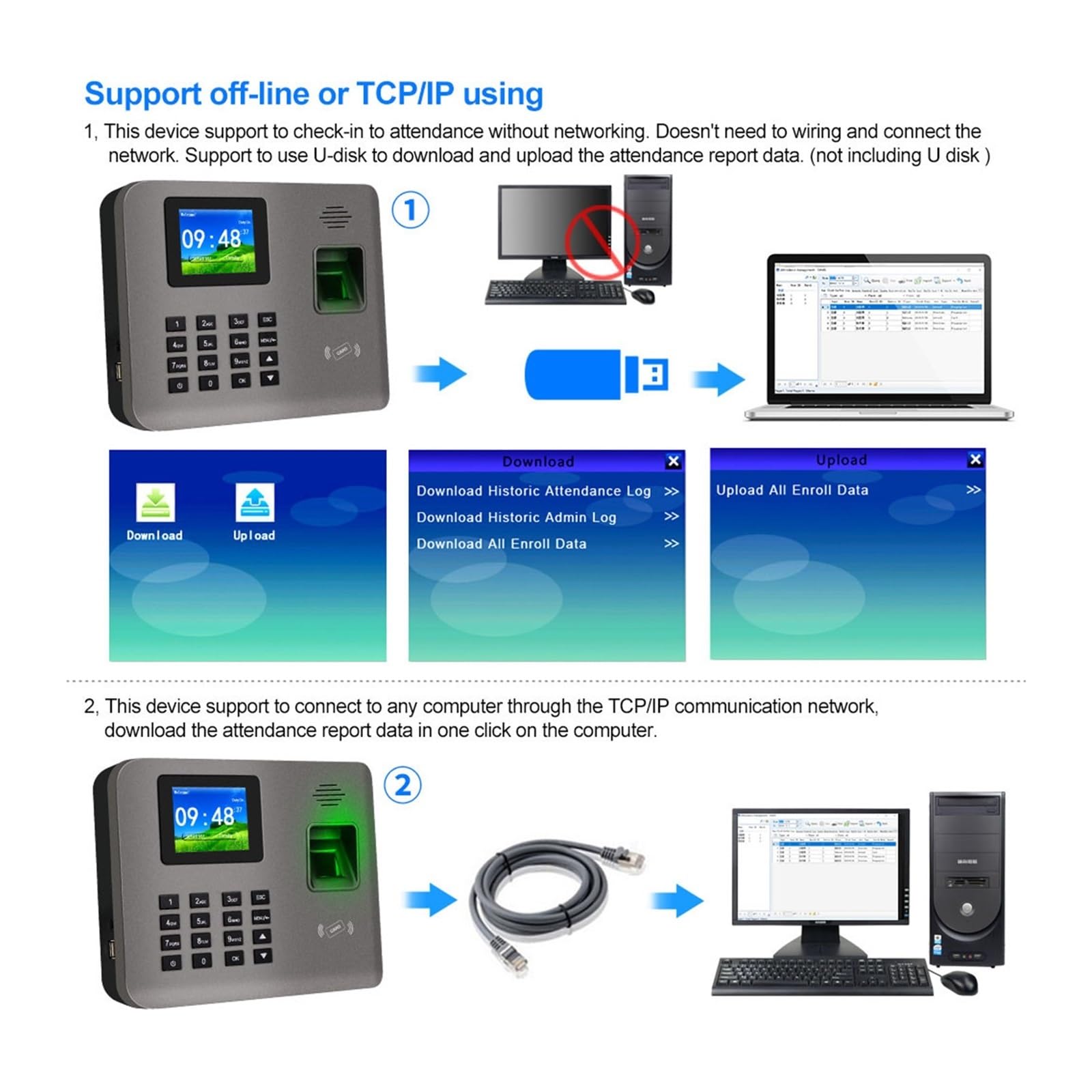 Maszyna do pomiaru czasu 2,4-calowa biometryczna maszyna do rejestracji czasu pracy na podstawie odcisków palców Karta RFID TCP/IP/USB Oprogramowanie urządzenia do meldowania/wymeldowania pracowników
