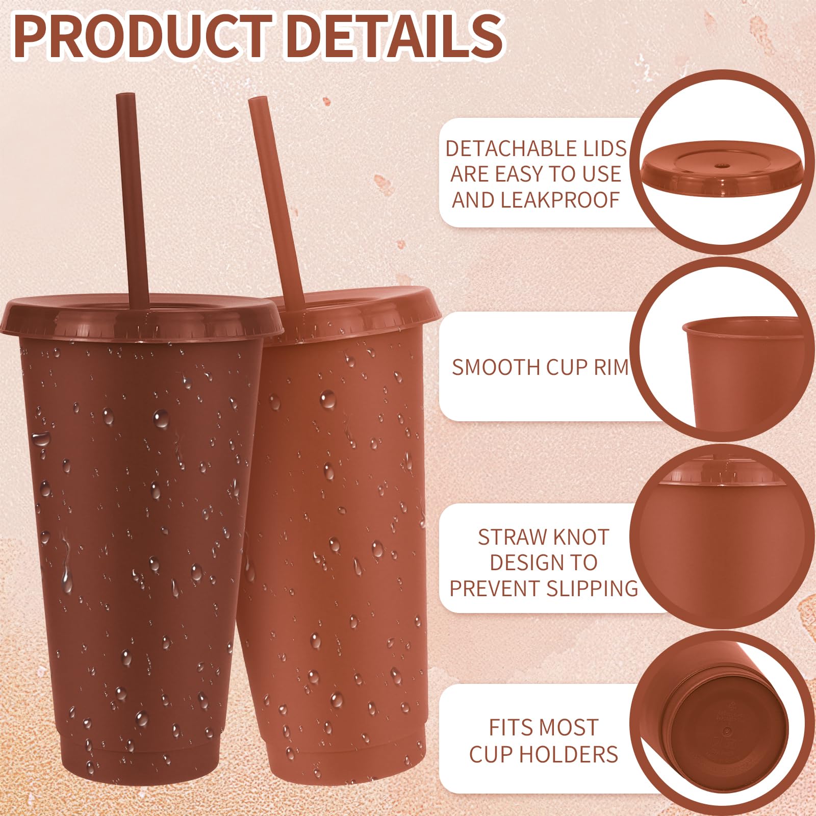 MSYU Lot de 24 grands gobelets en plastique réutilisables avec couvercles et pailles, pour Noël, mariage, fête prénatale, anniversaire (710 ml) (marron)