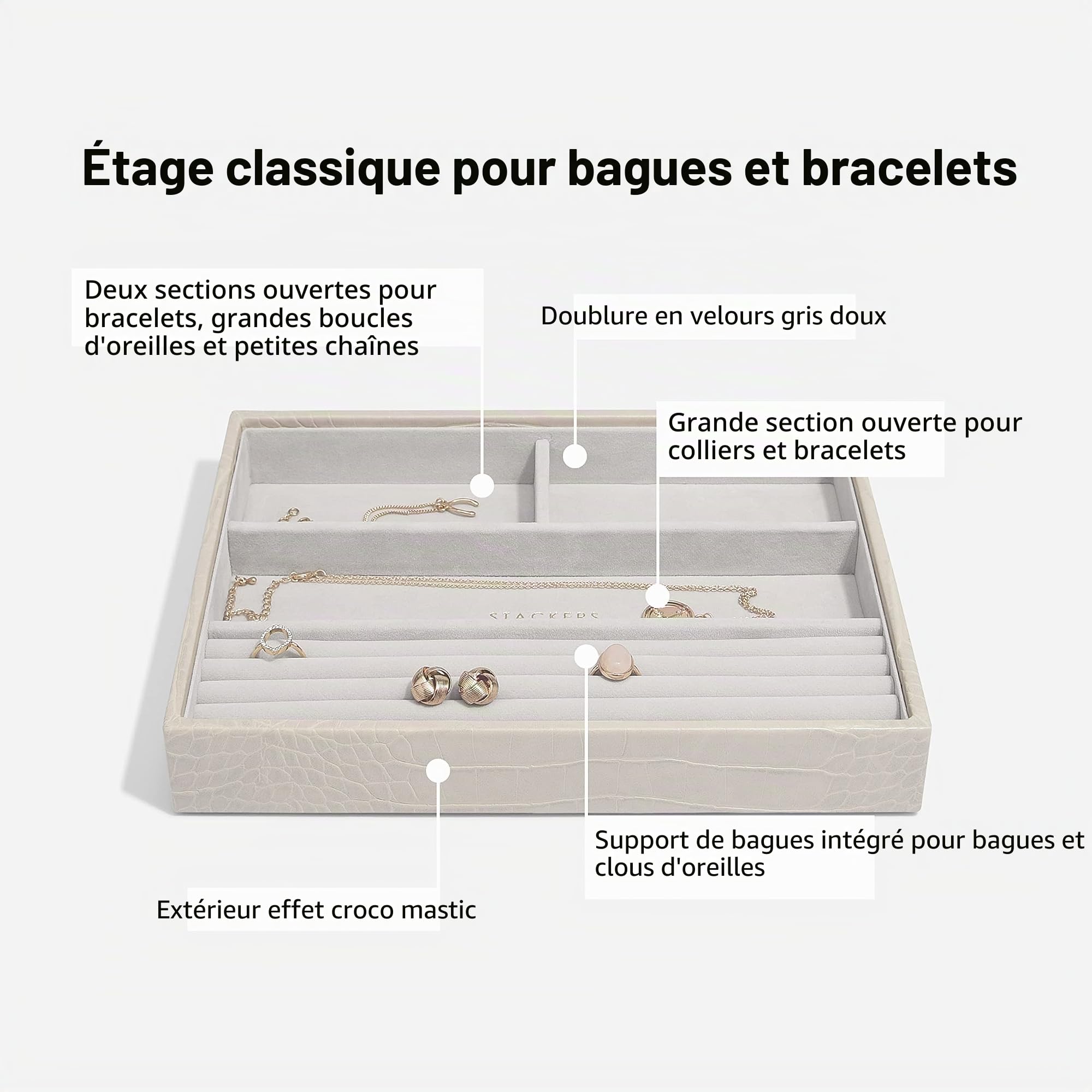 Stackers Lot de 5 boîtes à bijoux de taille moyenne avec un style classique en crocodile, Imitation cuir, Beige, Taille M