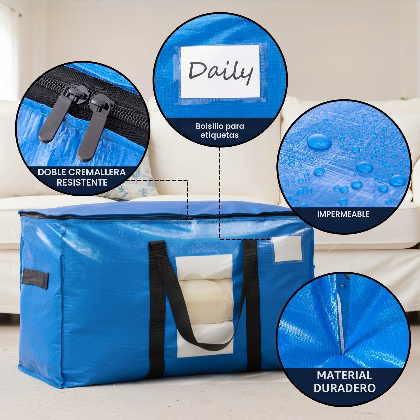 TAILI Bolsa de almacenamiento extragrande con cremallera, ventana transparente y asas reforzadas,Caja de almacenamiento con tapa, adecuada para ropa, viajes y ropa de cama (paquete de 4,Azul)