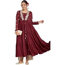 Janasya Indian Women's Georgette Maroon Foil Print Festive Wear Kurta Set for Women