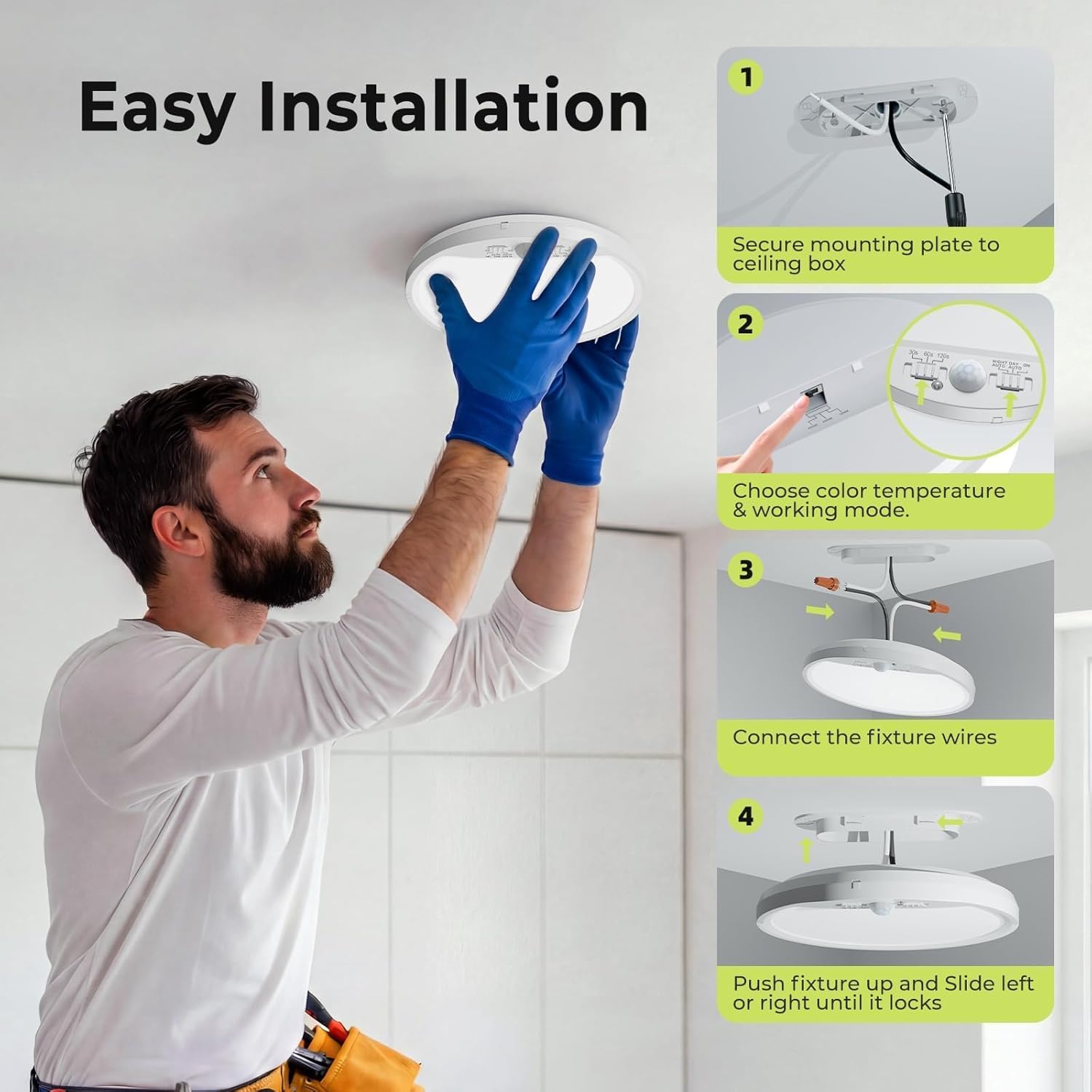 hepside 4 Pack Motion Sensor Ceiling Light Wired, 3000K/4000K/6500K LED Flush Mount Ceiling Light Fixture, 7Inch 15W Motion Sensor Light with Timer for Closet Stair Porch Hallway Pantry,White