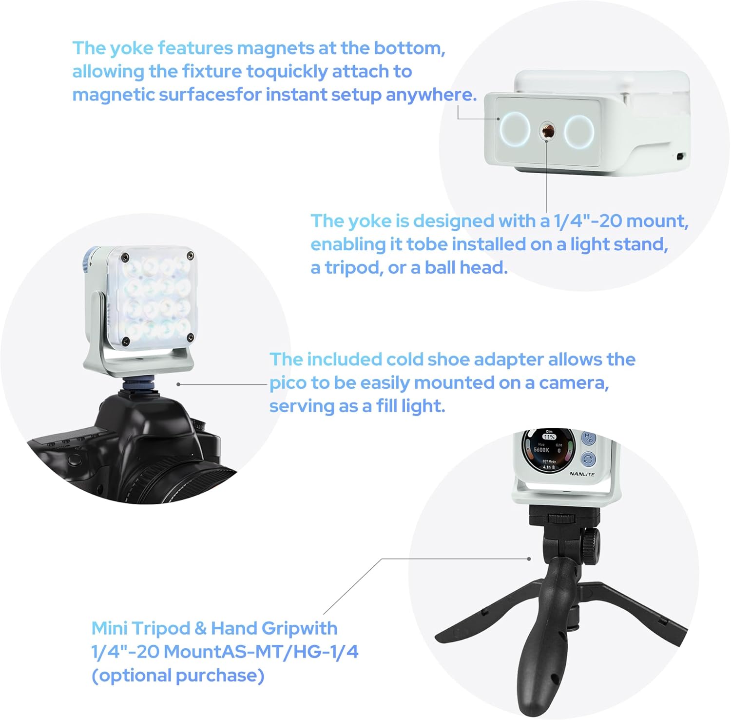 Nanlite Pico light mounted on a camera via cold shoe adapter and on a mini tripod.
