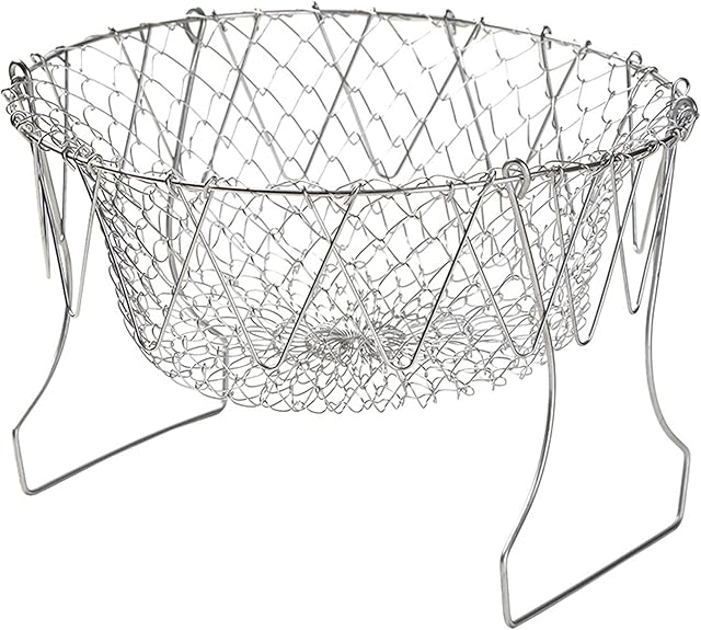 XFLYP Foldable Strainer Colander Food Basket Mesh Rinse Net, Multi-Function Stainless Steel Cooking Tool Round Oil Filter for Cooking Potato Chips Chicken Onion Ring Donuts