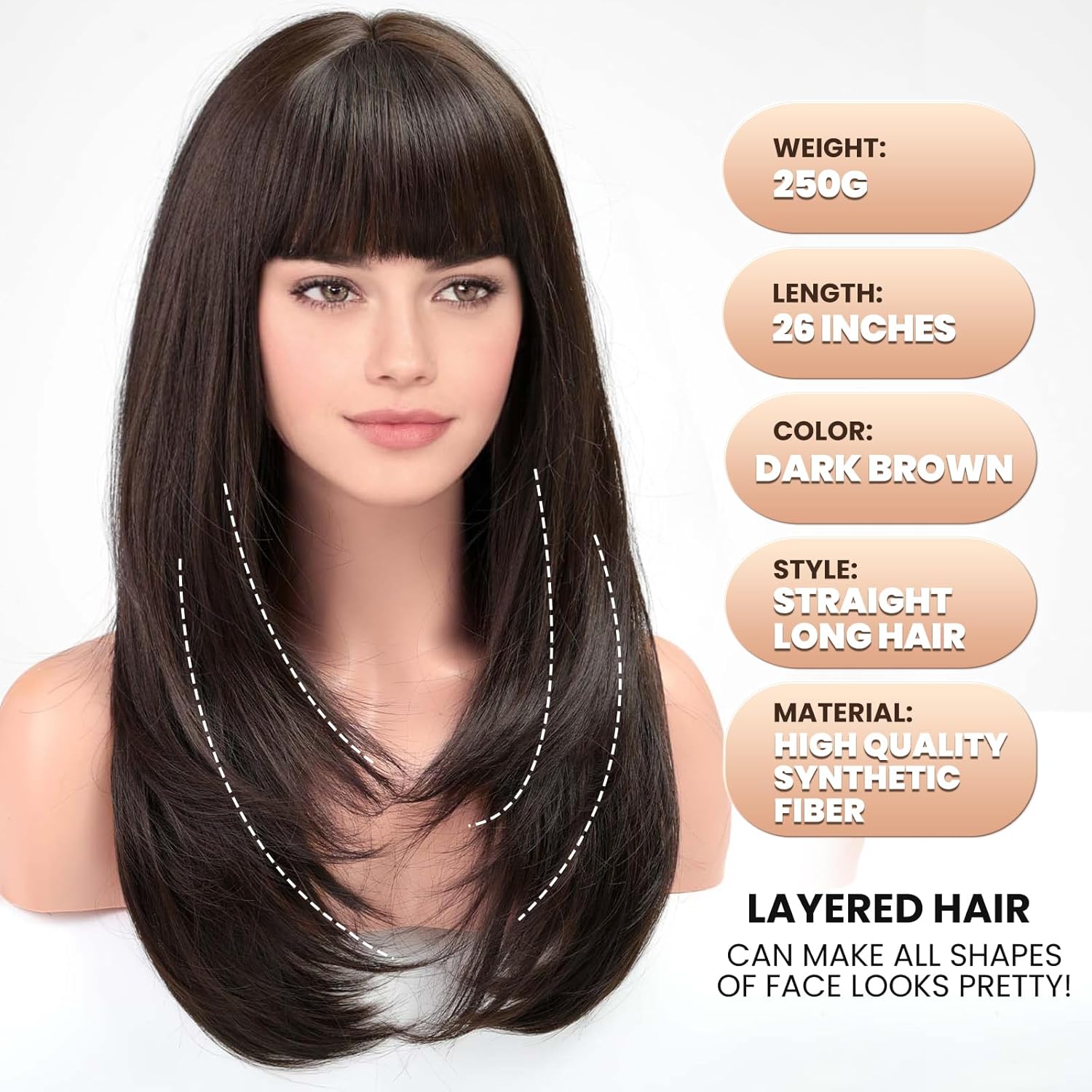 EMMOR Dark Brown Wig With Bangs For Women Long Straight Synthetic Wig Brunette Layered Hairstyle Wigs For Girls Party Cosplay And Daily Use(26" Dark Brown) - Image 3