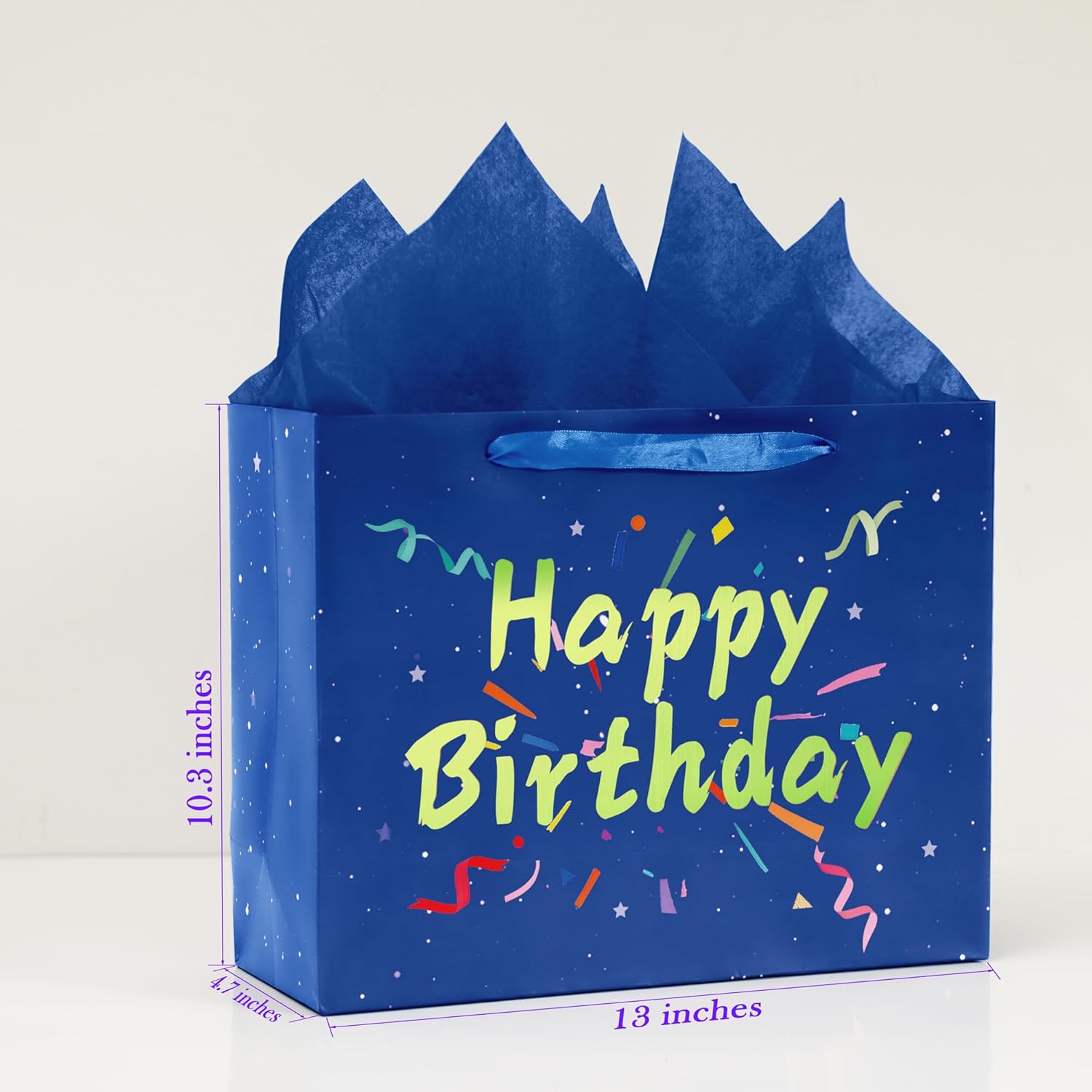 Febbleshow Blue Birthday Gift Bags with Tissue Paper - Matte Finish with Gold Foil Lettering and Confetti Design - Birthday Party Gift Bag for Men Women Kids - 13"x10.3"x4.7" (Pack of 2) - Image 7
