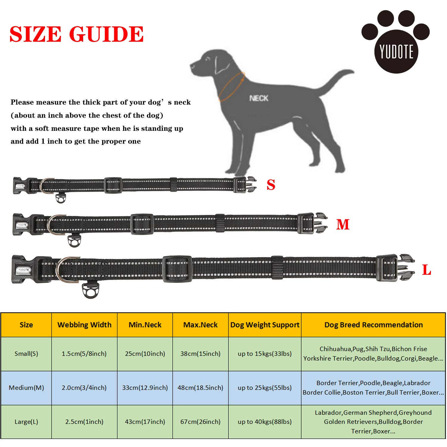 YUDOTE Collare per cani medio e resistente tessuto in nylon riflettente con fodera imbottita in neoprene morbido e confortevole per cani di medio Uso quotidiano,Nero