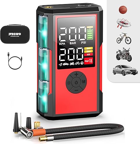 JF.EGWO Inflador de neumáticos, compresor de aire portátil, inflado 2 veces más rápido, inflador de neumáticos inalámbrico de 200 PSI con pantalla