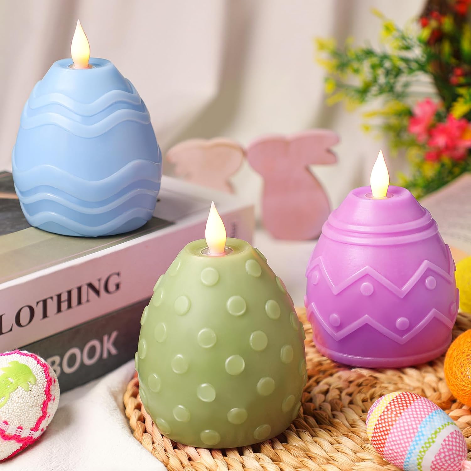 MTLEE 3 Pcs Easter Egg Flameless Candles 3 Color Scented Real Wax LED Spring Battery Operated Egg Shaped Votive Candles Gift for Easter Decoration Party Living Room Home Centerpiece