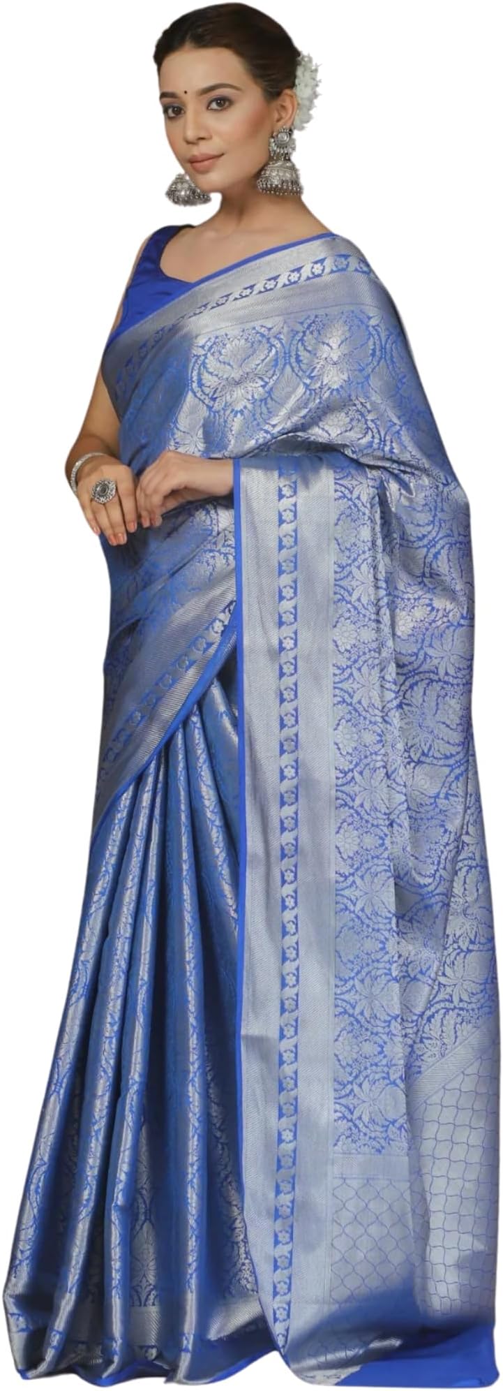 SGF11 Women's Trendy Kanjivaram Soft Lichi Silk Saree With Blouse Piece (Blue Silver)