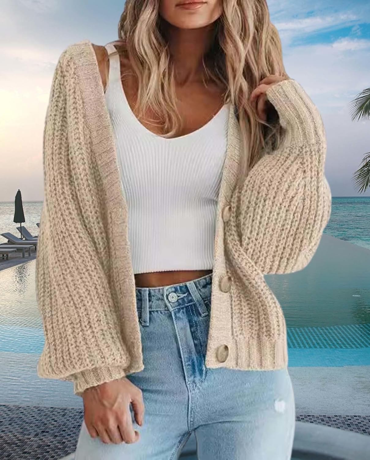 Ultimate Womens Thick Knit Cardigan Sweater Cozy Long Sleeve Button Loose Short Warm Cardigan Sweater - Image 4