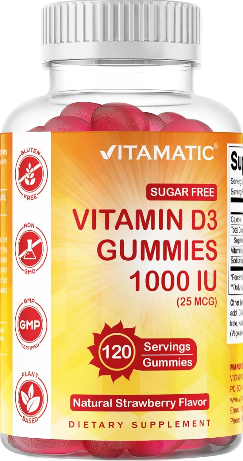 Vitamatic Sugar Free Vitamin D3-120 Pectin Based Gummies – Great Taste – Healthy Bones, Mood & Immune System Function – Non-GMO – 120 Servings (1000 IU)