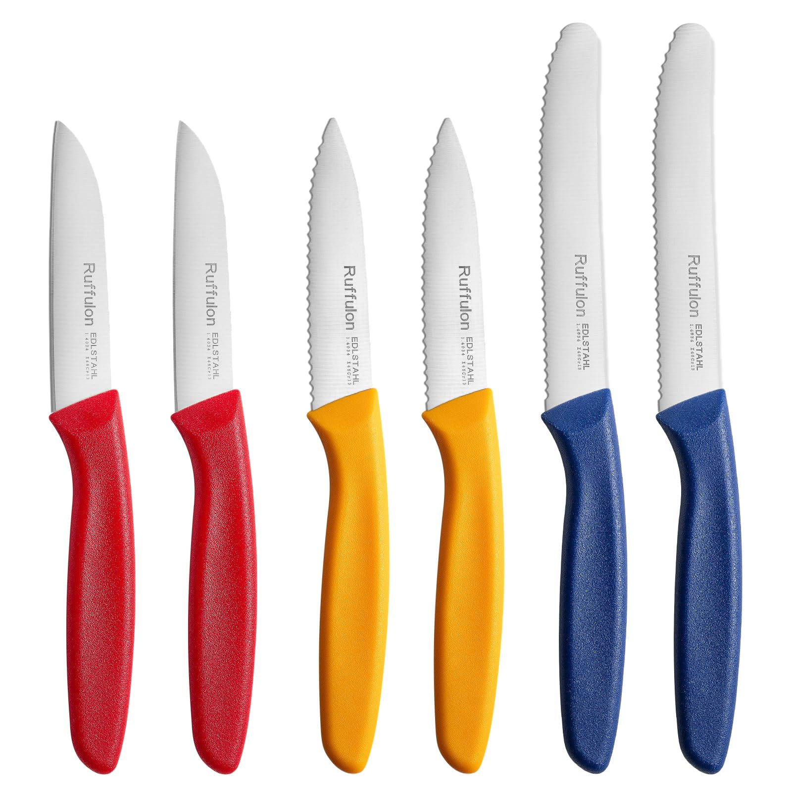 Ruffulon Paring Knife,Peeling Knife Set of 6, Vegetable Knife Small,Premium Fruit Knives,Small Kitchen Knife Set,Straight Edge&Serrated Knifes,Blue&Orange&Red Paring Knives