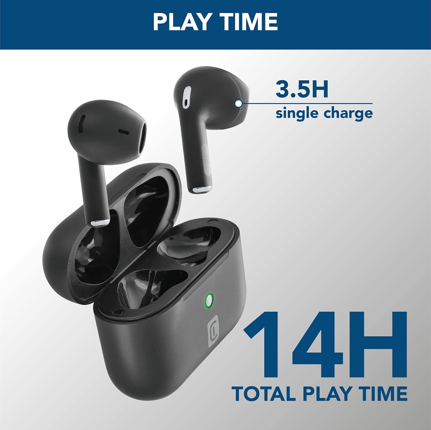 Earbuds in charging case showing battery life