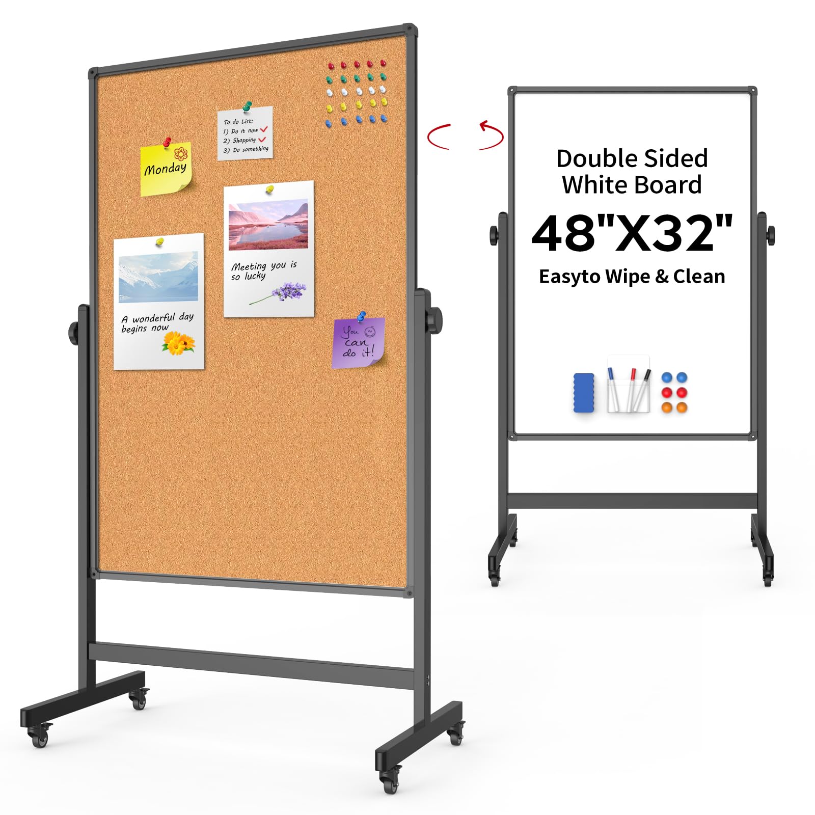 Double-Sided Corkboard Whiteboard, 32 x 48 Inches Dry Erase Board on Wheels, Height Adjustable, Portable Freestanding Board for Office, Planning, and