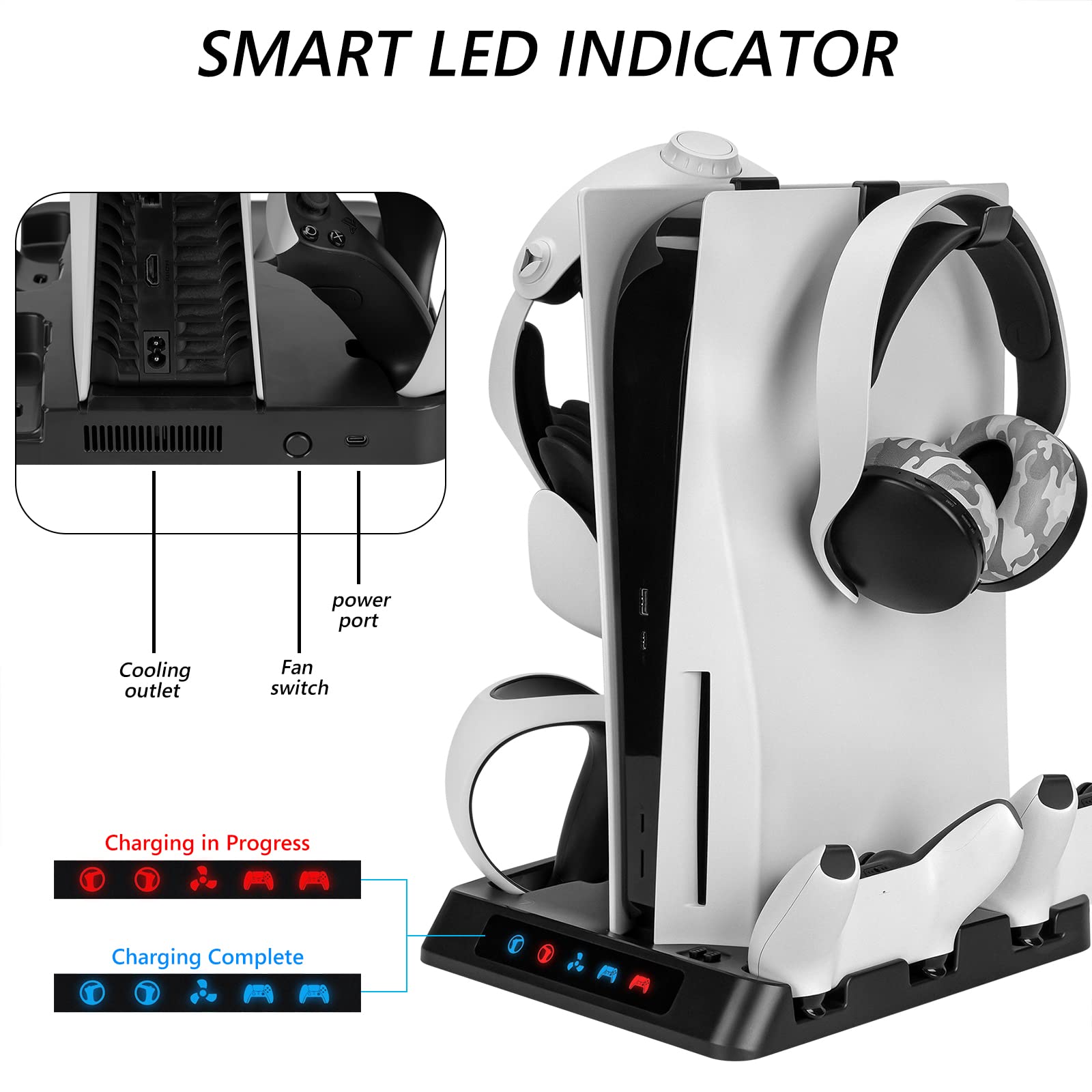 Geekria Estación de Carga Compatible con PSVR2, PS5, PlayStation VR2 Base de Carga Dual Soporte de Carga Gamepad Show Case Accesorios para Juegos con Ventilador de refrigeración Host (Negro)