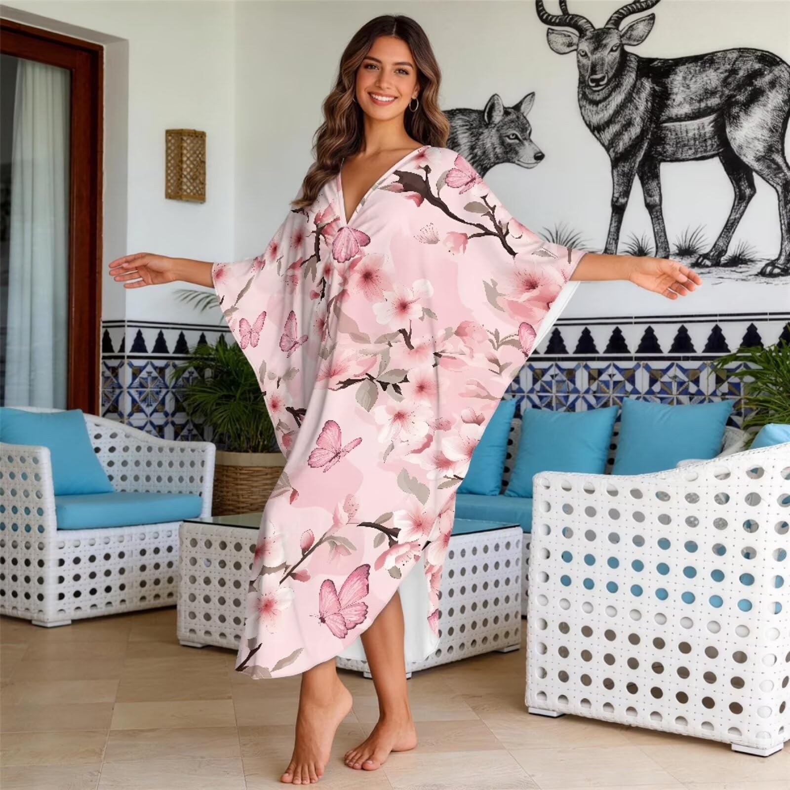 Poceacles Damska sukienka kaftan plus size strój kąpielowy okrycie kąpielowe rękaw nietoperz letnia długa kawiarniana plażowa okrycie maxi sukienka
