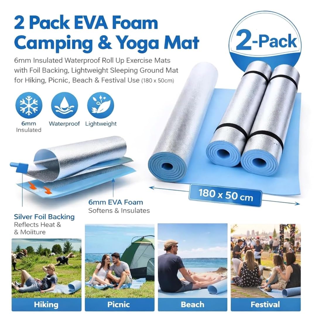 2 Paquete de Esteras de Espuma EVA para Camping y Yoga, Esteras Ligeras para Dormir con Respaldo de Aluminio