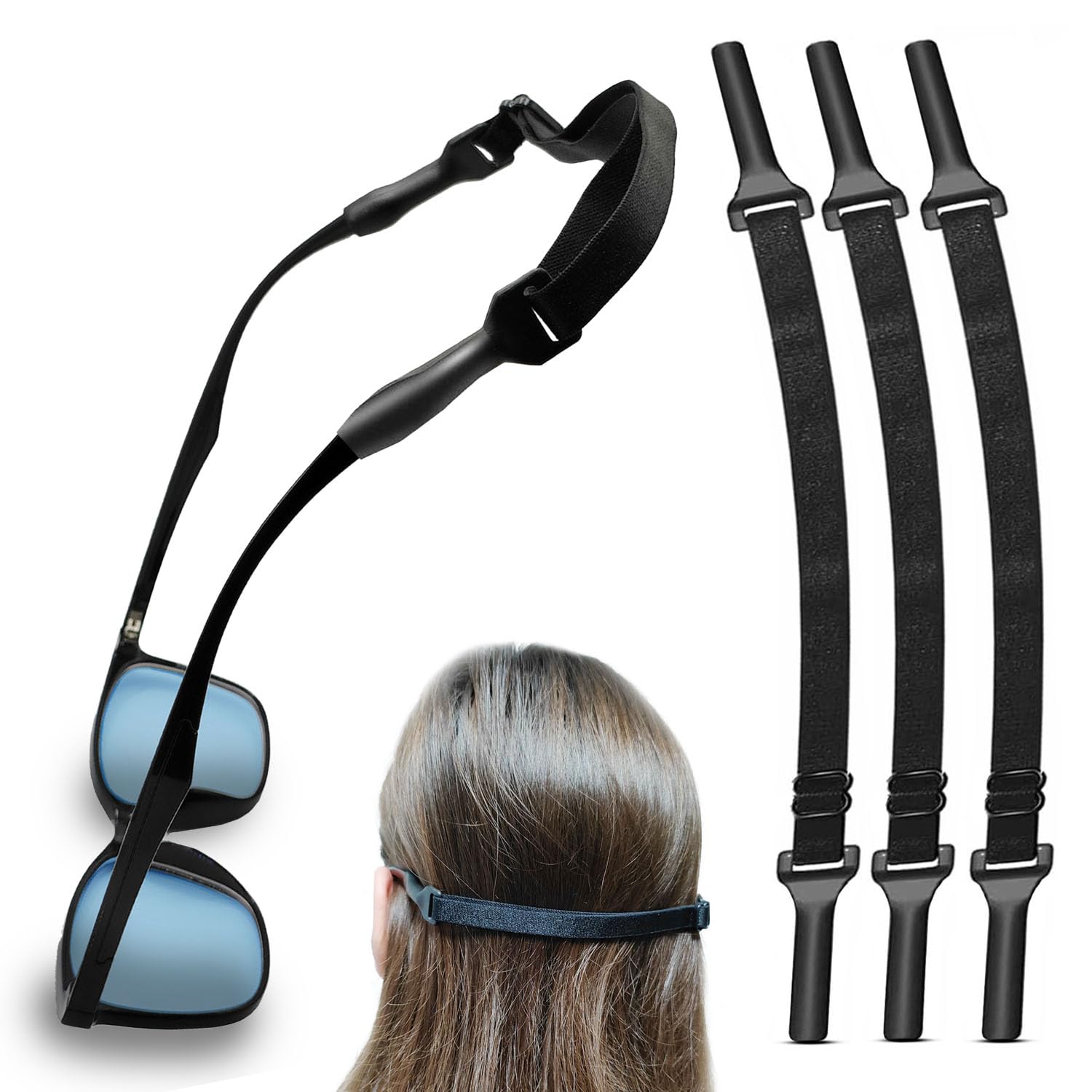 3pcs Adjustable Glasses Straps, Universal Elastic Straps for Eyeglasses/Sunglasses No Tail Adjustable Eyewear Glasses Strap for Men & Women (Black)