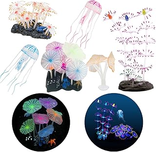 Cayway 6 Pack Aquarium Fish Tank Ornament Glowing Simulation Coral Plant Ornaments Glowing Silicone Aquarium Ornaments Mushroom Lotus for Fish Tank, Aquarium Landscape