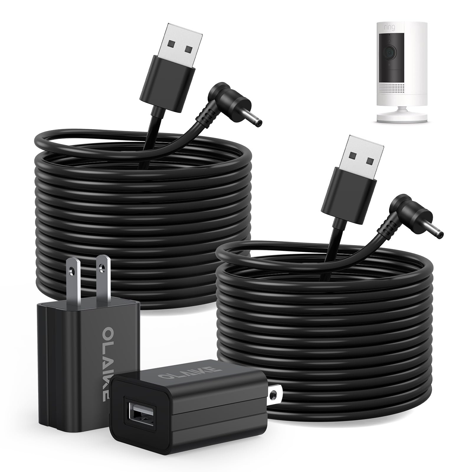 OLAIKE (2 Pack) 8m/26ft Charge Cable for Ring Stick Up Cam Battery/Plug-in & Ring Spotlight Cam Battery, Weatherproof Power Adapter Keep Charge Your
