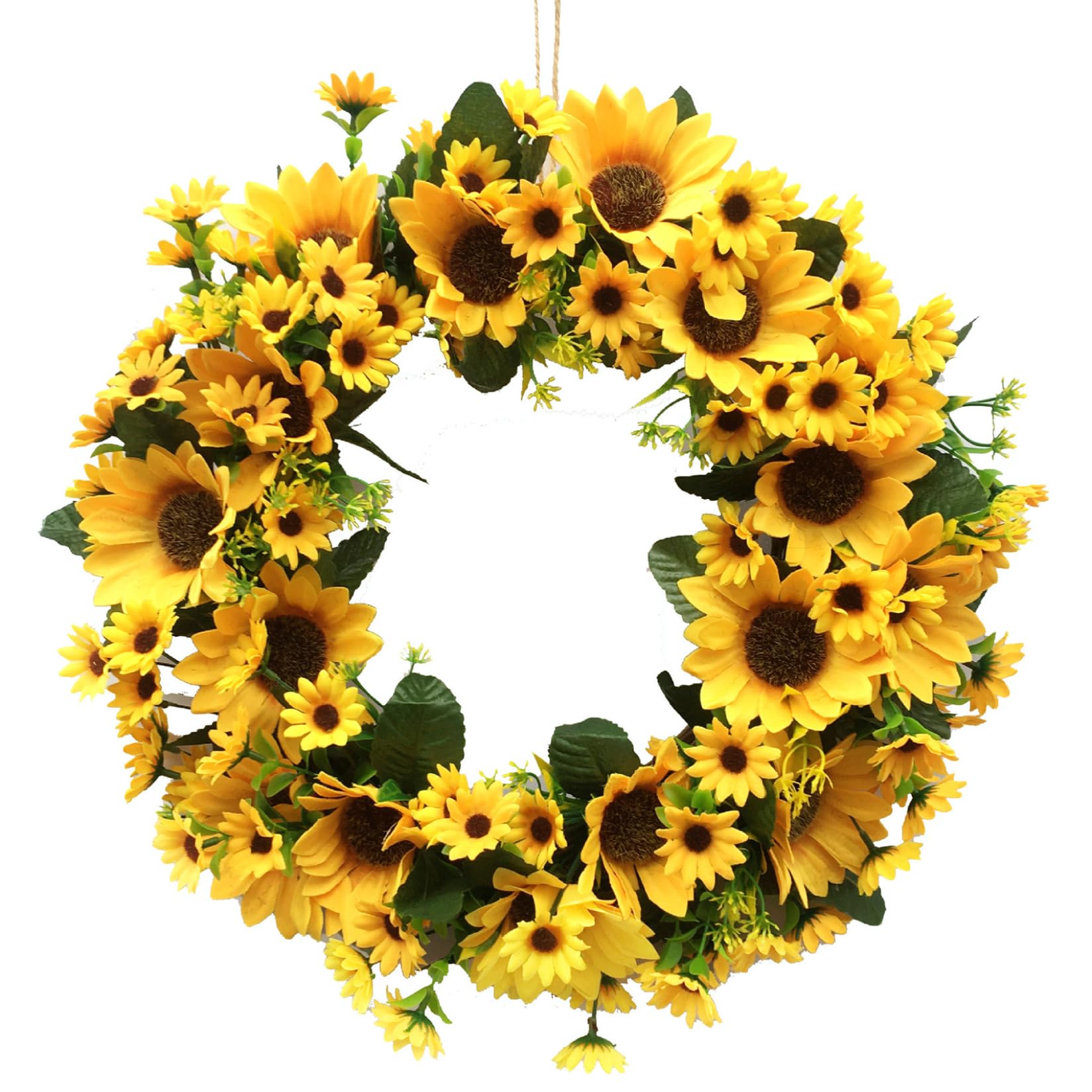 Summer Wreath Yellow Sunflower Green Leaves Garland Artificial Flower Wreath for Front Door 40cm for Party