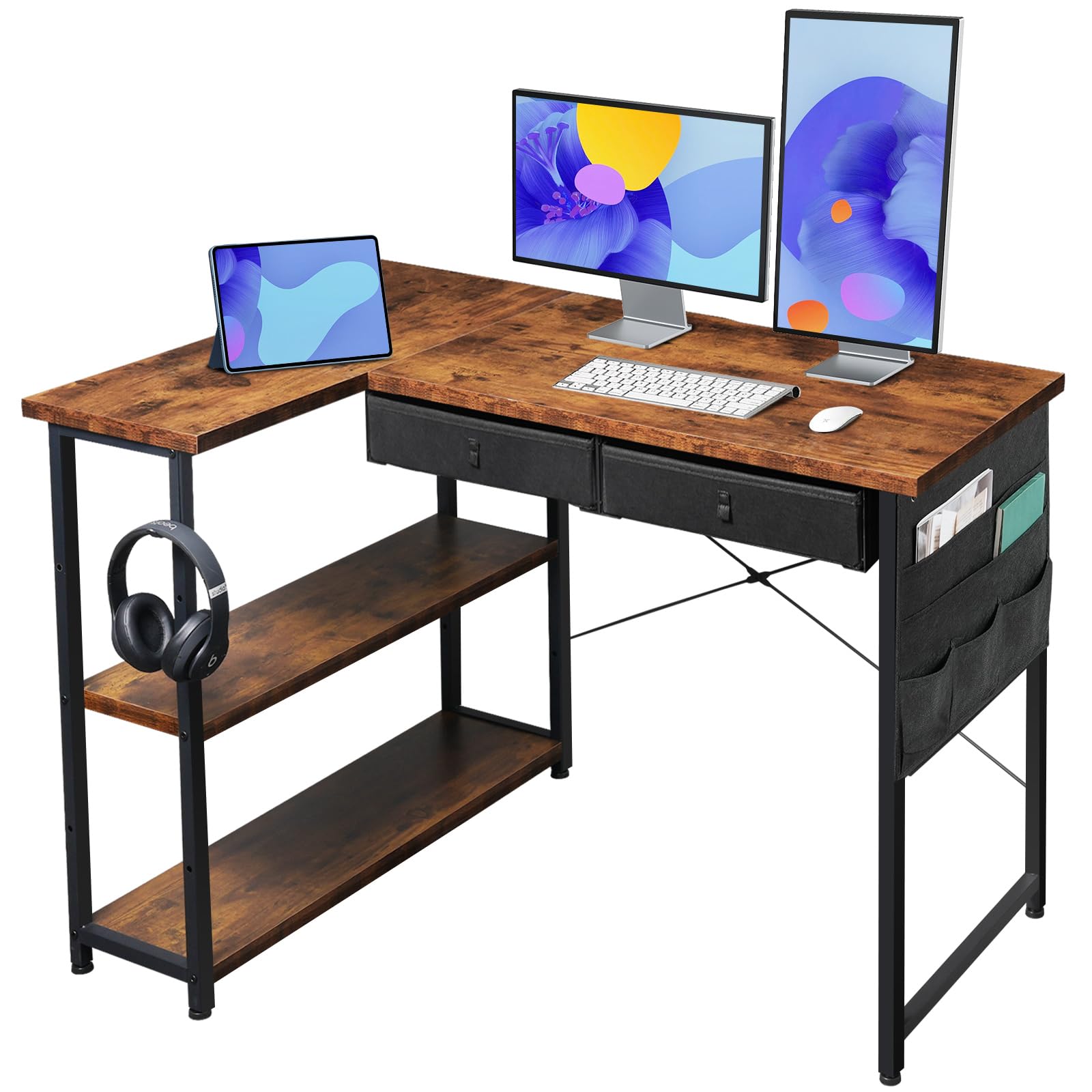 Maihail Small Desk with Drawers,39" Corner Desk with Storage,Computer Desk with Shelf and Side Pouch, Study Table for Small Space with Storage, L Shaped Desk for Home Office Bedroom, Rustic Brown