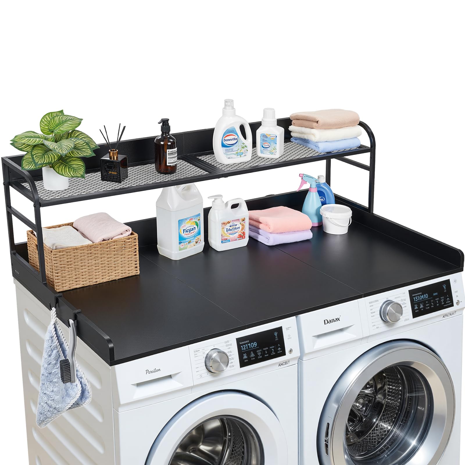 VEVOR Encimera para Lavadora y Secadora de Madera 137 x 69,9 cm, Cubierta Superior Soporta hasta 113 kg con Ganchos Laterales, Borde Elevado, Estante para Cocina Lavadero Baño Balcón, Color Negro