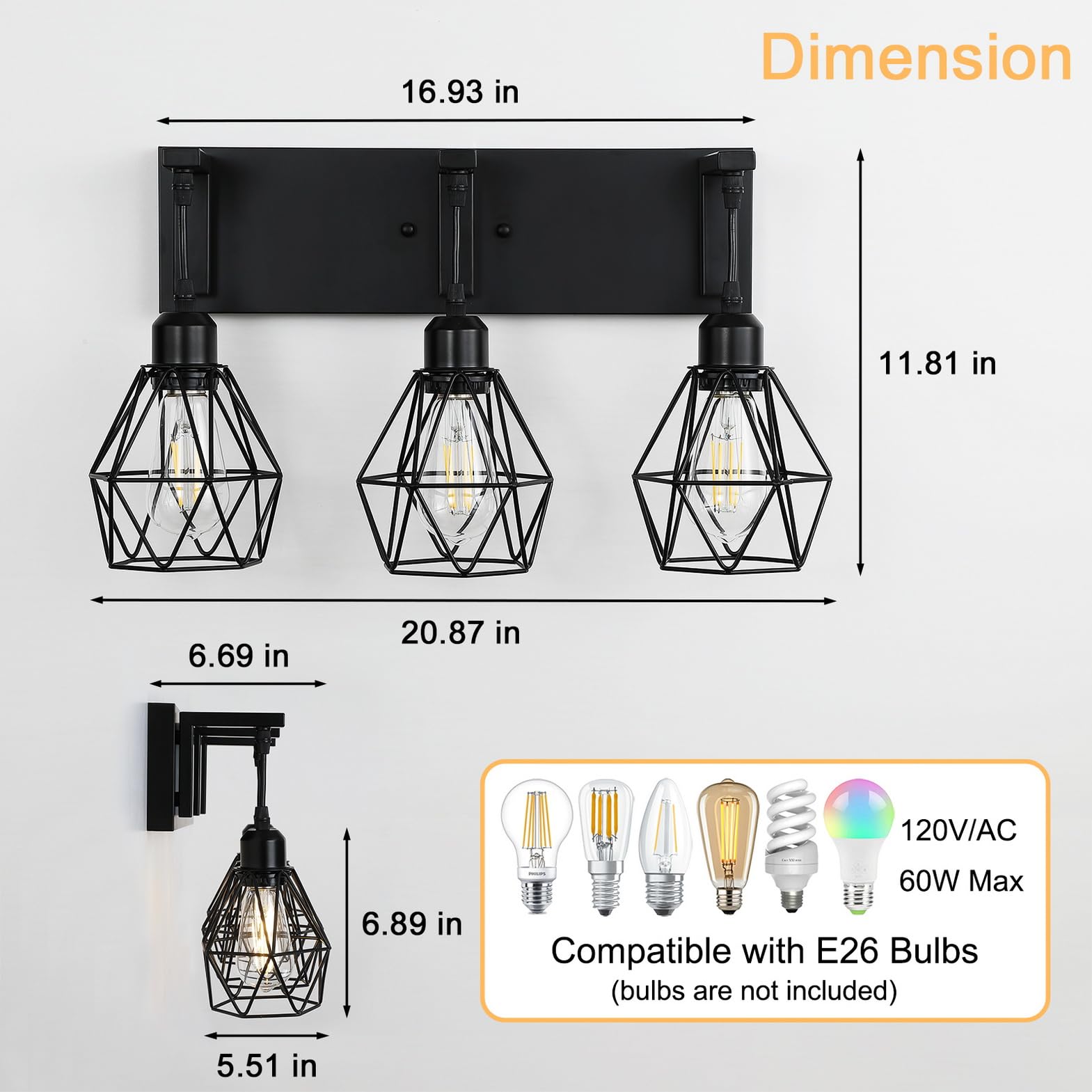 Farmhouse Bathroom Light Fixtures, 3 Light Bathroom Vanity Lights Over Mirror, Black Vanity Light with Caged Metal Shade, Rustic Wall Sconce for Bedroom, Living Room, Hallway, E26 Socket