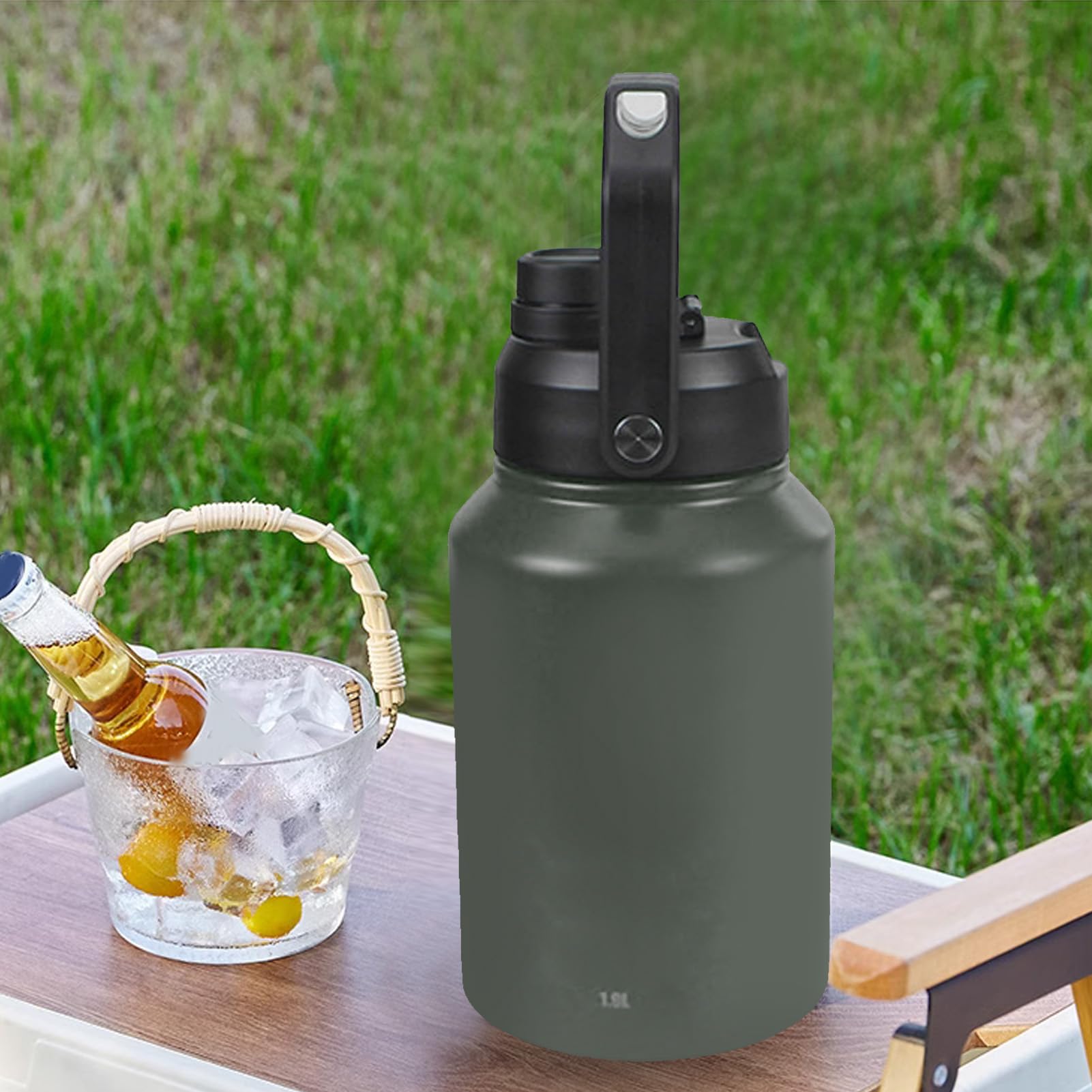 Izolowana Butelka na wodę ze Stali Nierdzewnej Przenośna Dwuwarstwowa Manierka Termiczna o Pojemności 1,9 L na Kemping (BLACK) (GREEN)