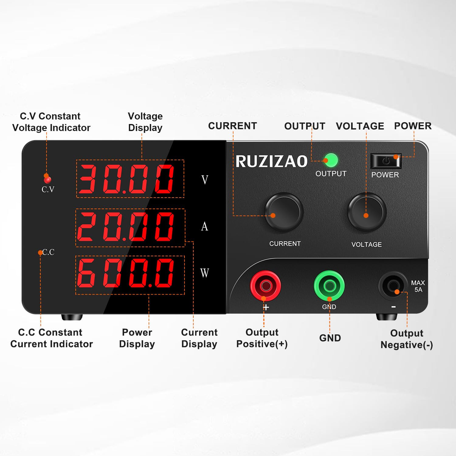 Alimentatore da Banco 30V 20A 600W Alta Potenza Alimentatore da Laboratorio con OUTPUT/Encoder, Alimentatore Regolabile con Display a LED a 4 Cifre e Uscita Stabile per Laboratorio/Elettronica