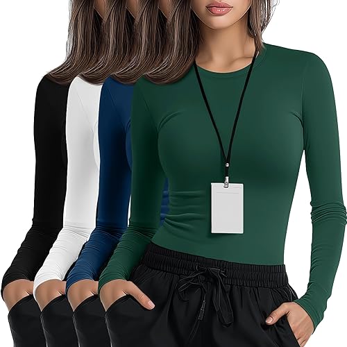 4 Pack Women's Underscrub Shirts Nurse Undershirts Long Sleeve Crewneck