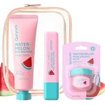 QUIYUM Watermelon Skincare Set 3 Pack - Includes Hand Cream, Twist-up Lip Balm & Intensive Lip Balm- Deep Nourishing Routine for Dry Hands & Chapped Lips - Travel Size Gift Set, Stocking Stuffers
