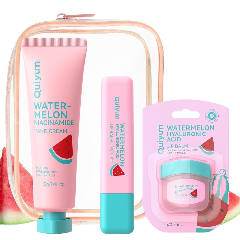 Conjunto de cuidados da pele QUIYUM com melancia, 3 unidades — creme para as mãos e dupla de bálsamos labiais