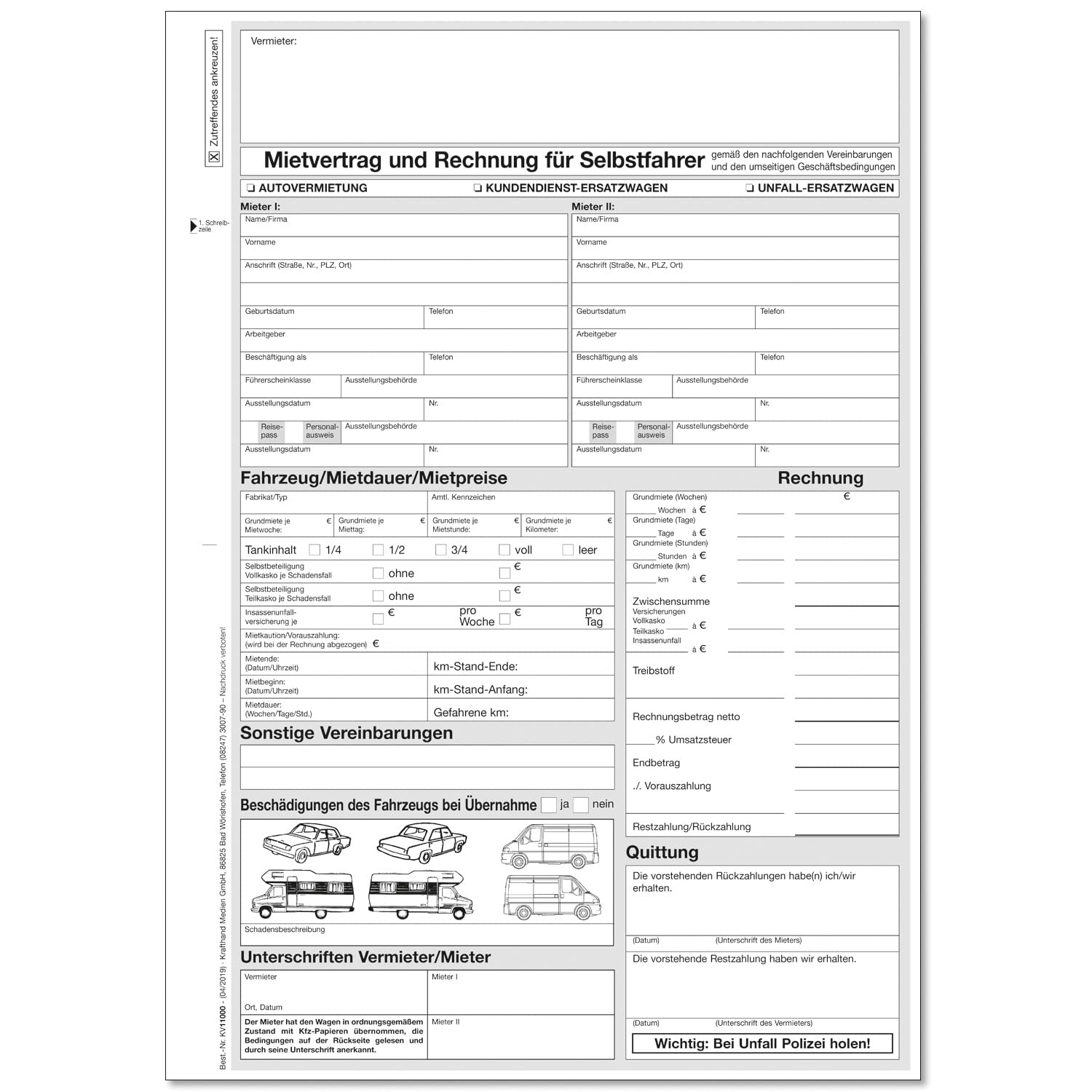 Mietverträge für Selbstfahrer 2-fach (VPE = 50 x 2 Blatt)
