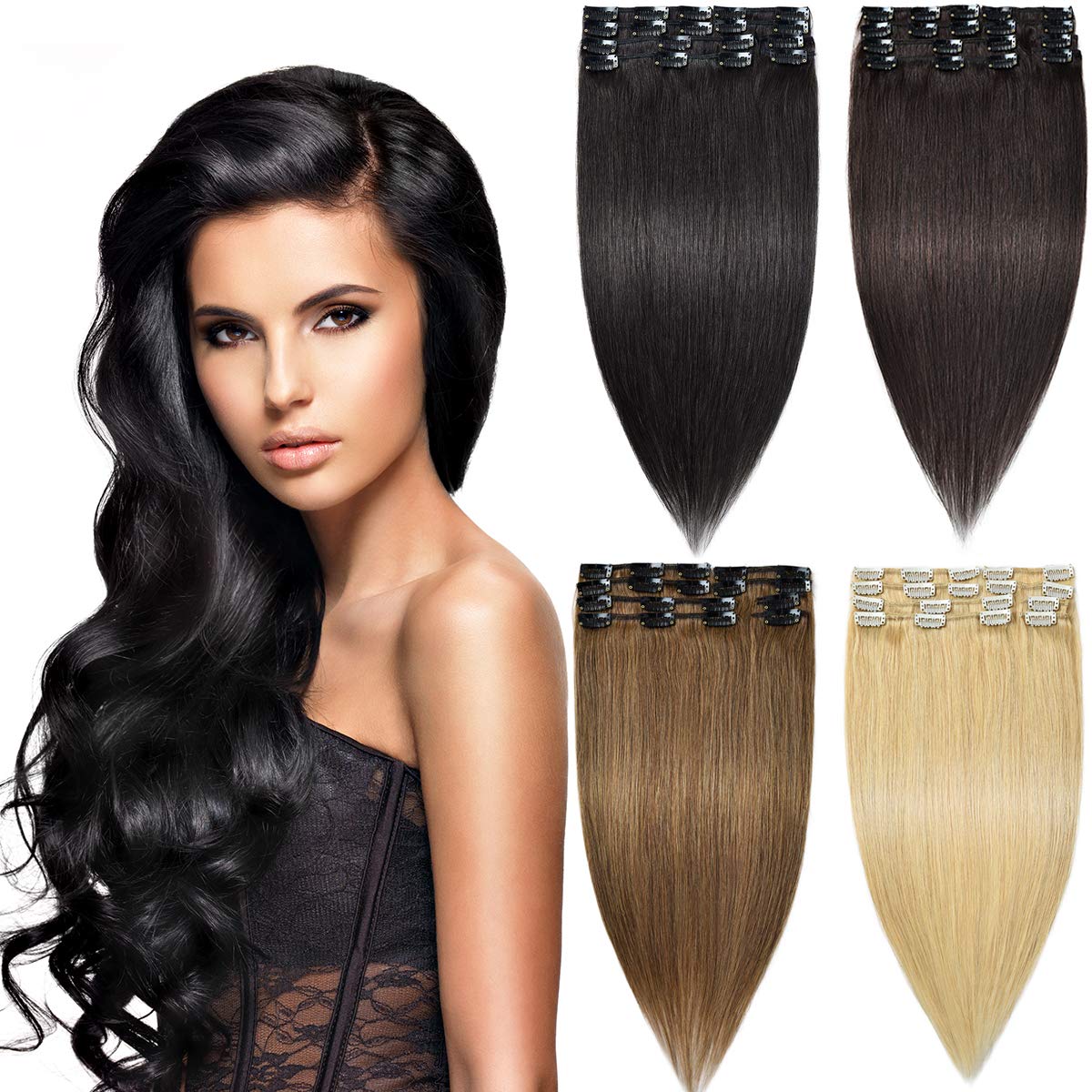 Modernfairy Hair Remy Human Hair Extensions Clip in for Women 8Pcs 18 Clips 70g Remy Clip in Hair Extensions Natural Black