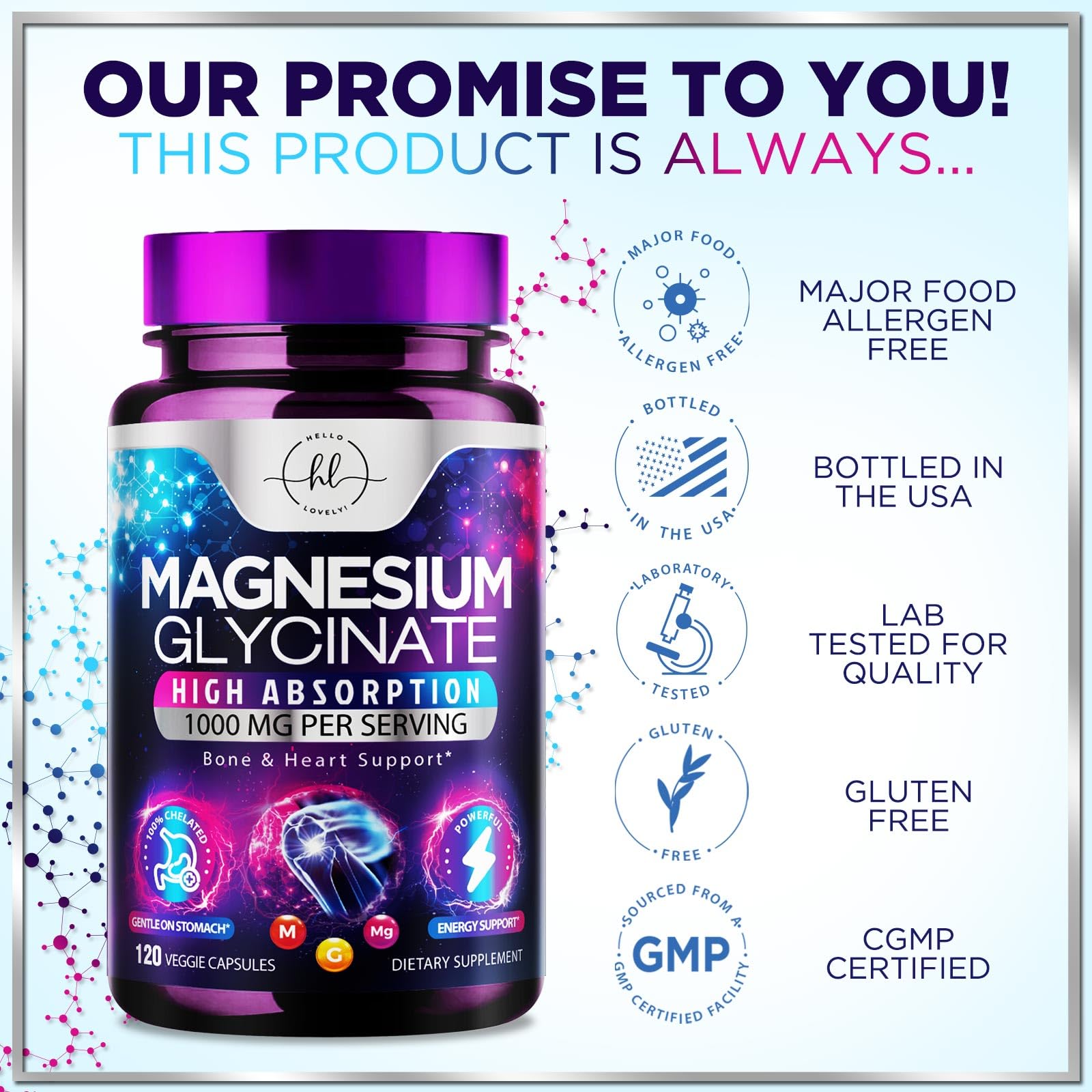 Magnesium Glycinate Supplement 1000mg - 100% Chelated & Purified - Essential Sleep, Muscle Relaxation, Heart & Bone Health Support - Gentle, High Absorption Formula - Vegan, Bottled USA - 120 Capsules — Amazon image 4