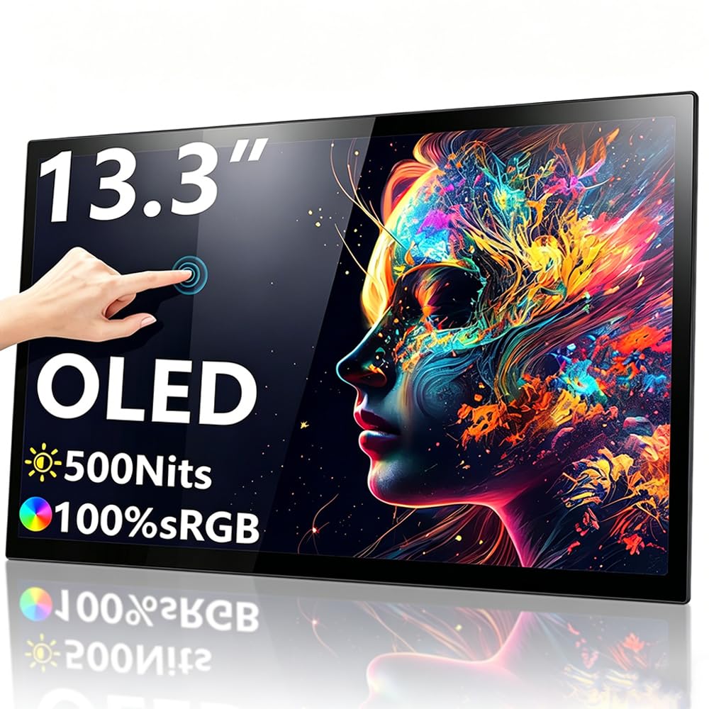 Photo 1 of 13.3” OLED Portable Monitor Touchscreen, 1080P HDR Travel Screen, 500 Nits, Ultra-Slim External Second Monitor for Laptop Mac PC & Android Phone/Tablet (No Touch for iPhone/iPad/Consoles), with Case