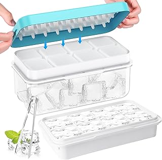 Qoosea Large Ice Cube Tray with Lid and Bin 2 Pack Silicone ice Tray with Tong Easy Release Stackble Food Grade PP BPA Free Ice Trays for Freezer Whiskey Cocktail - Blue