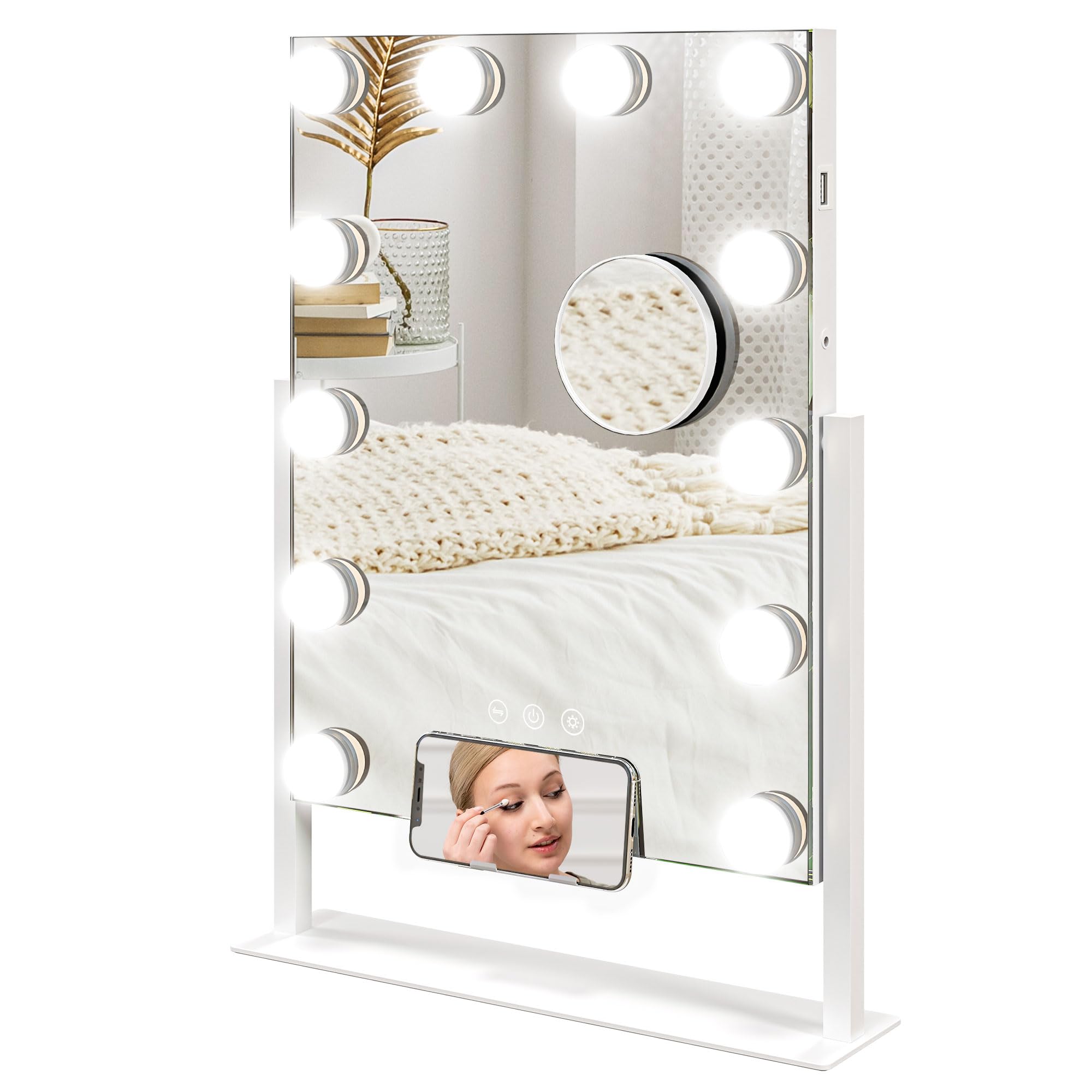 Homcom Hollywood Lighted Makeup Mirror With Magnifier, Usb Port, Phone Holder