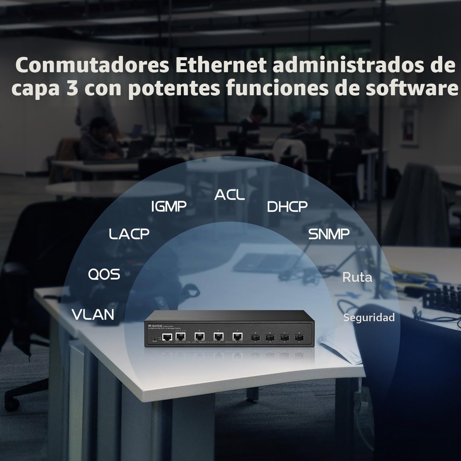 MokerLink Interruptor Administrado De Red De 8 Puertos 10G, 4 Puertos Ethernet RJ45 De 10G, 4 Ranuras SFP+, Gestión L3 Web/CLI, Carcasa De Metal, Para Escritorio O Montaje En Pared