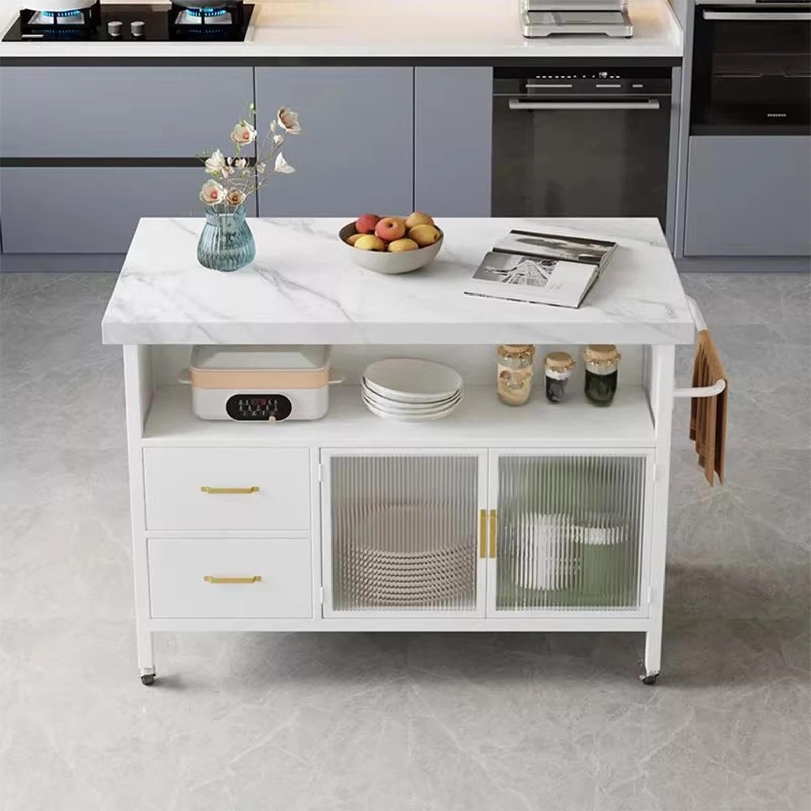 Armadietto per la preparazione della cucina Carrello portaoggetti mobile in metallo con isola da cucina piano in pietra e armadietto cassetti(Nero,Piccolo)