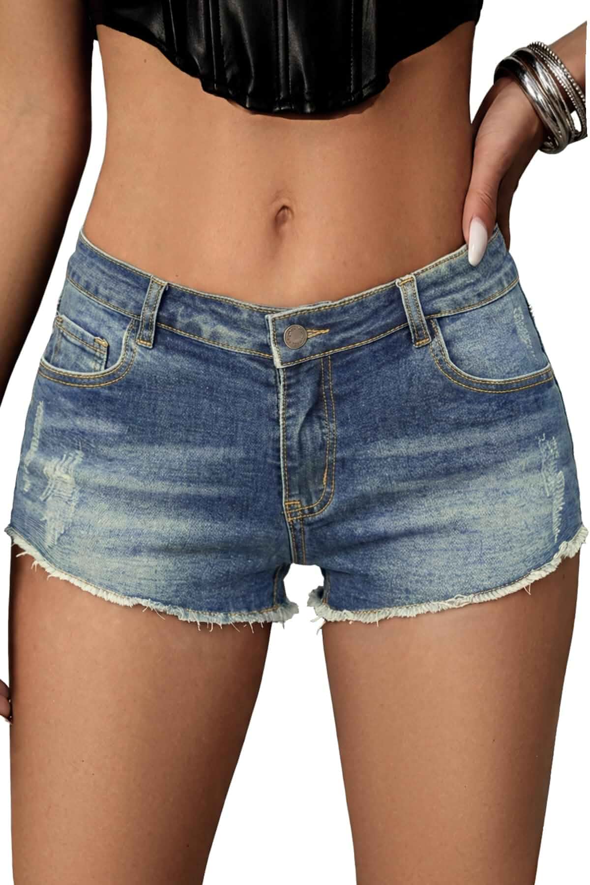 ELLEVEN Low Rise Raw Hem Mini Jean Shorts for Women, High Stretch Y2K Summer Micro Denim Shorts with Pockets