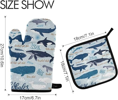 Miniatura 2 de Whales Sharks Seaweeds Juego de guantes de horno y soportes para ollas Sea World Life Guantes de horno de cocina, almohadillas calientes,